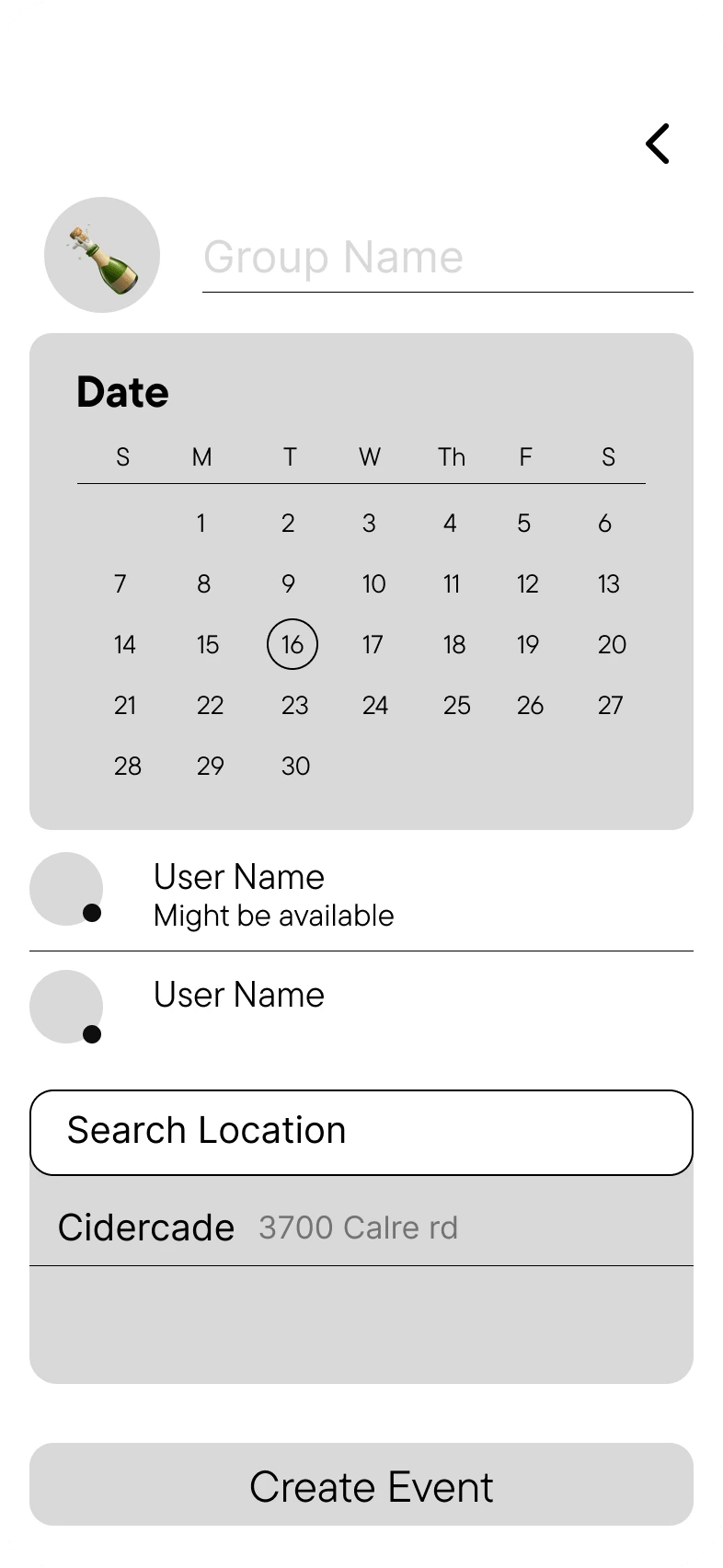 Lo-fi wireframe of the event creation screen showing a date picker, friend availability, and location search