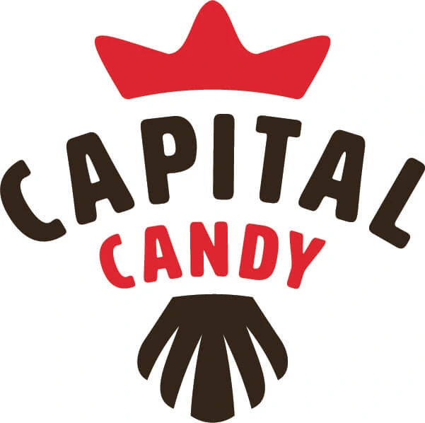 The alternate compact Capital Candy mark: a simplified version showing just the strawberry crown and tail feathers beneath the arched wordmark, designed for small applications like caps or pins