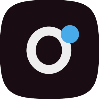 OpenInvite app icon: bold O letterform with blue notification dot on dark squircle background