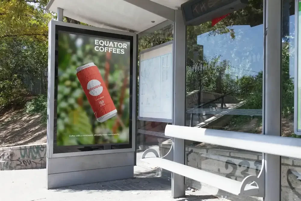 Equator Coffees bus shelter poster showing the cold brew can against a coffee plant background with the headline 'Equator Coffees' and tagline 'Coffee with a conscience: ethicality meets sustainability'