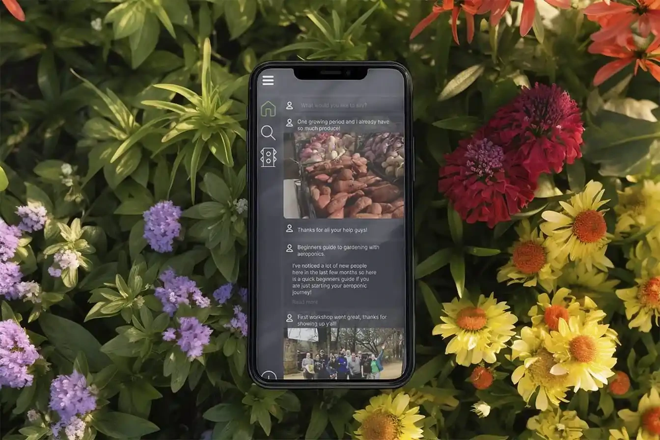 Sprout Society app shown on three iPhone mockups — home screen, plot reservation map, and community feed