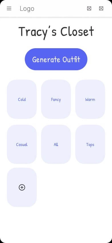 Lo-fi wireframe of the digital closet screen