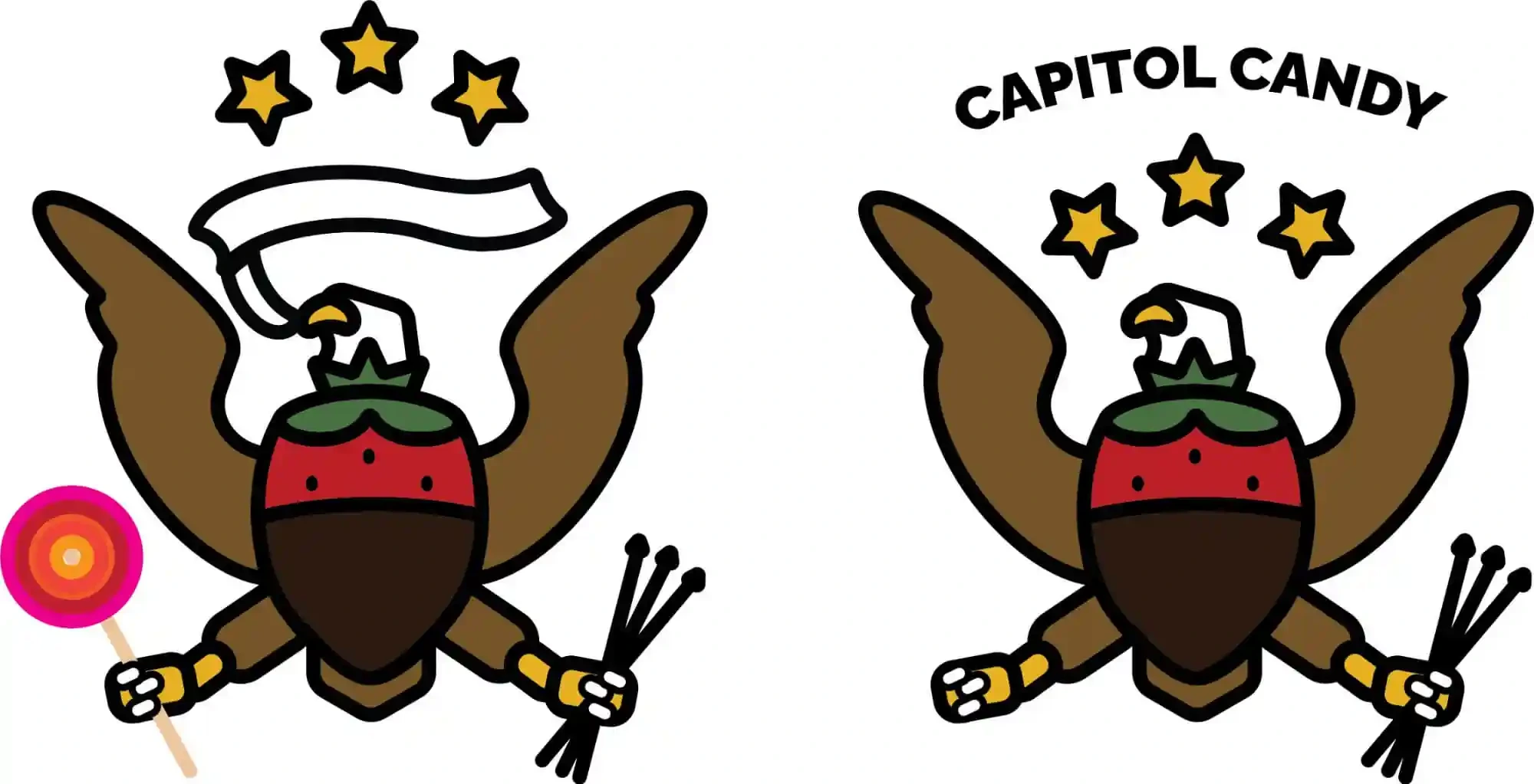 Two early digital versions of the logo showing an over-illustrated eagle-strawberry hybrid with brown wings, a red strawberry body with green leaf, golden stars, talons, and a lollipop held in one claw. Far too complex and detailed for a logo.