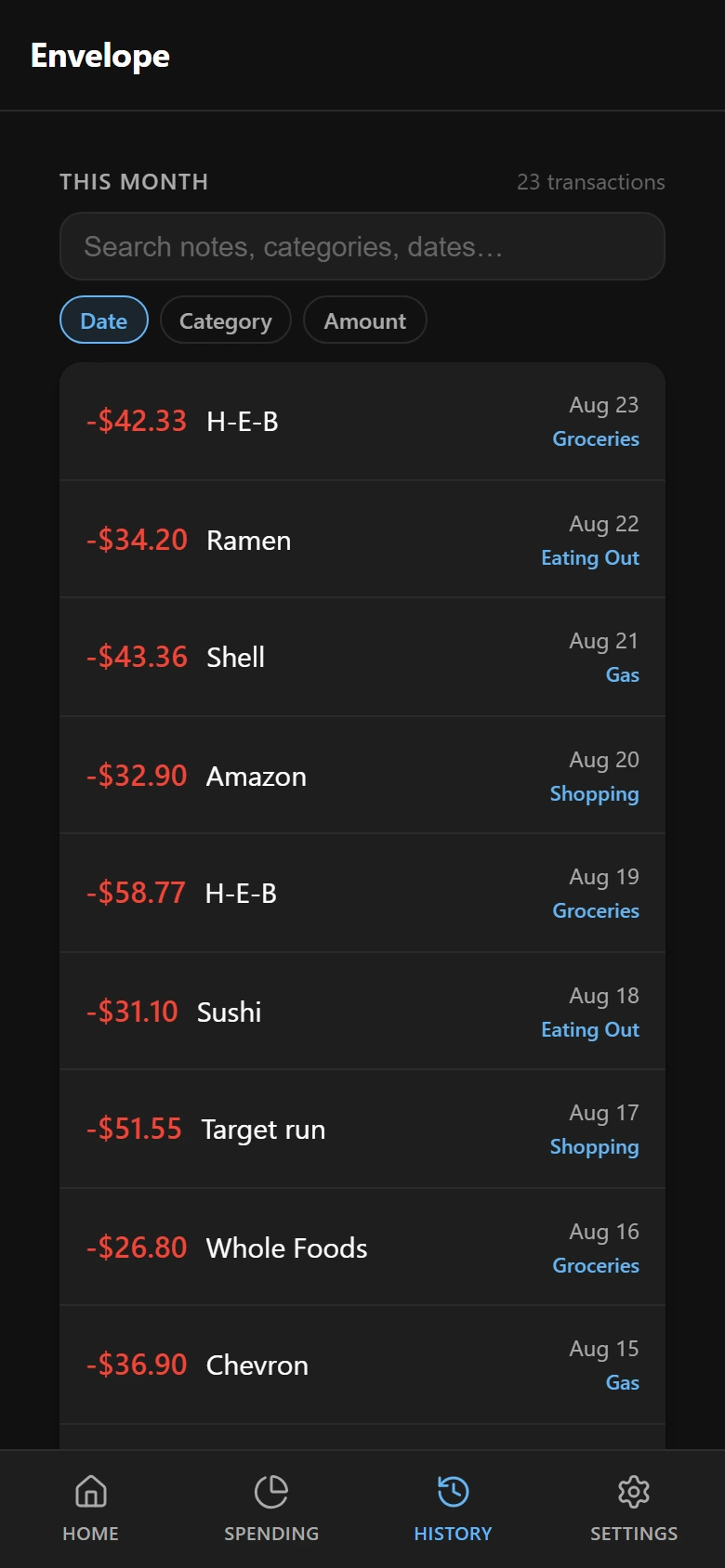 Transaction history screen with search and sort by date, category, or amount