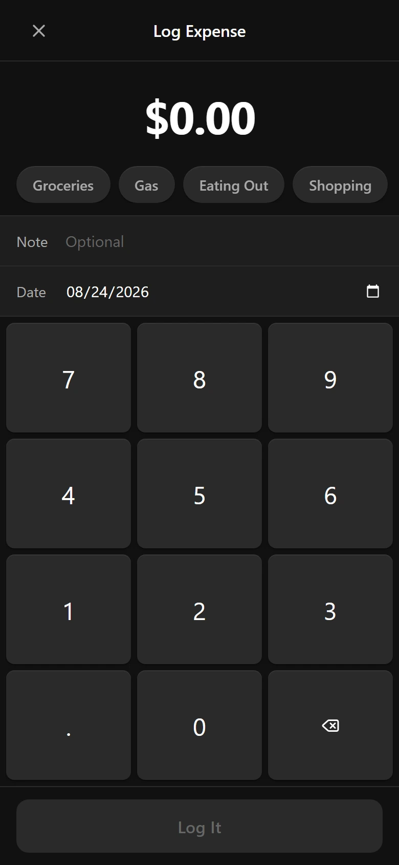 Log transaction screen with a large numpad and envelope selector