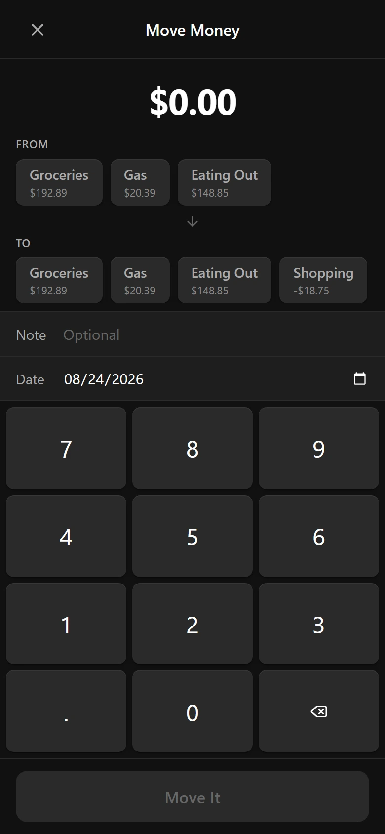 Move money screen for transferring balance from one envelope to another with a numpad