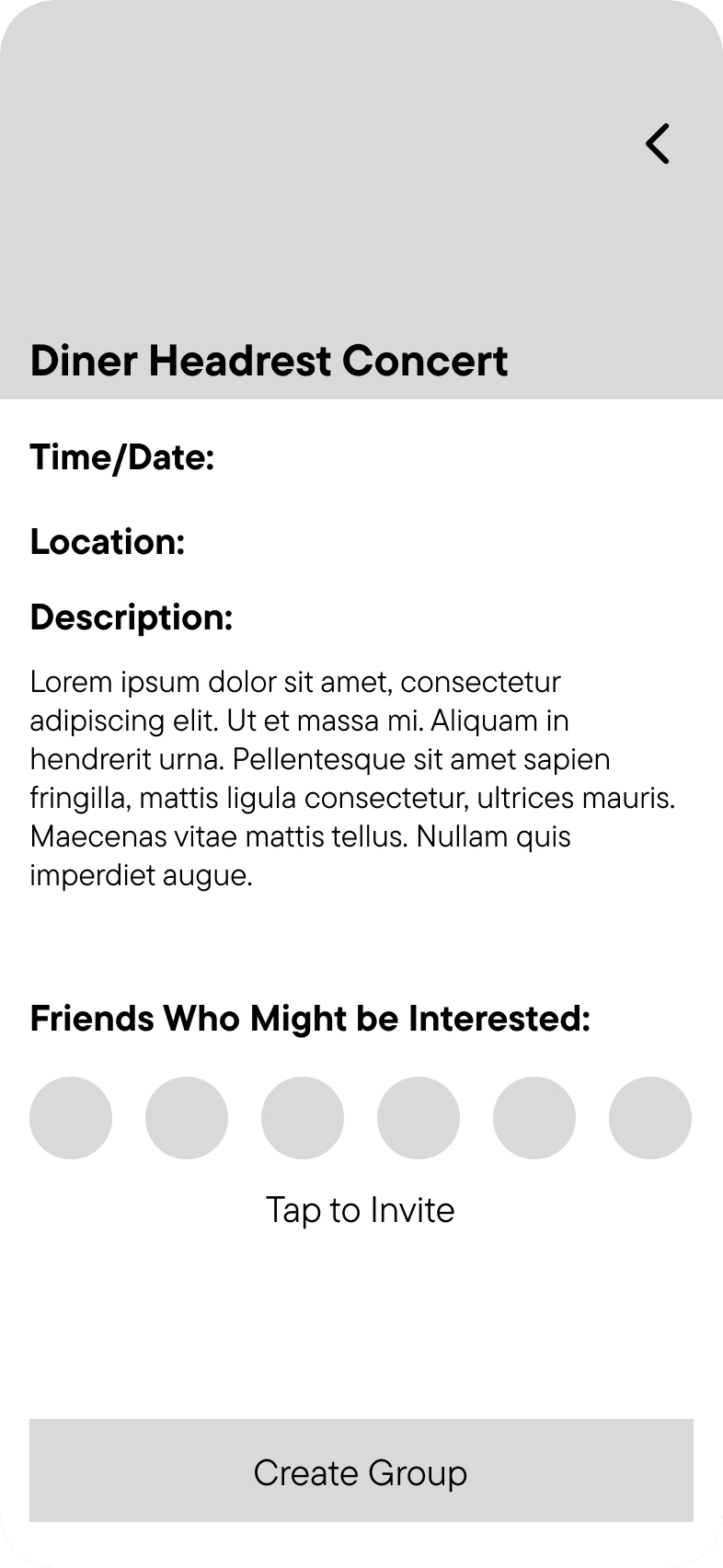 Lo-fi wireframe of the event detail screen showing event info and friends who might be interested
