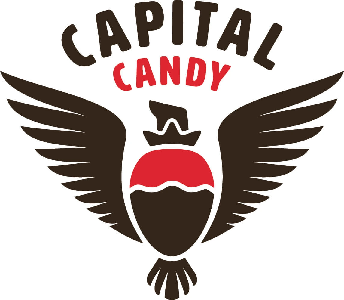 The final Capital Candy logo mark: a chocolate-dipped strawberry with spread eagle wings and an eagle head, with 'Capital Candy' set in a bold arched wordmark above. Dark brown, red, and medium brown colorway.