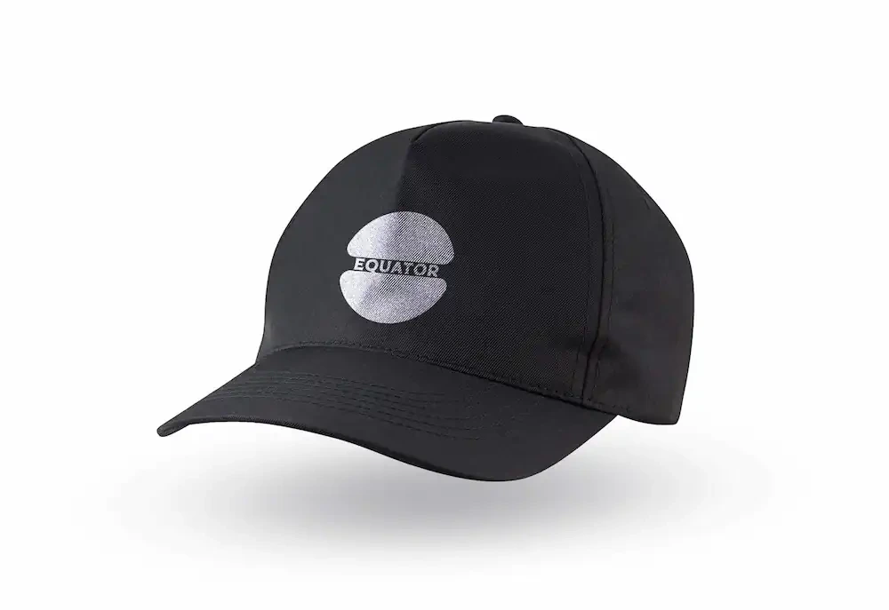 Equator Coffees black baseball cap with the full trademark embroidered in white on the front panel