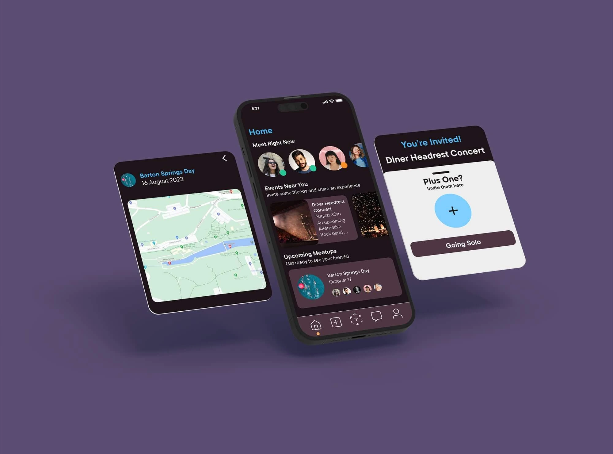 OpenInvite app mockup showing the home screen and event creation flow