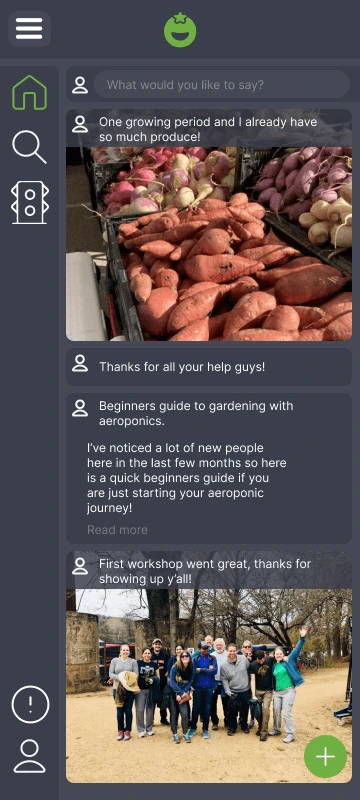 High-fidelity v1 screen: community feed showing gardener posts, a harvest photo, and a workshop announcement