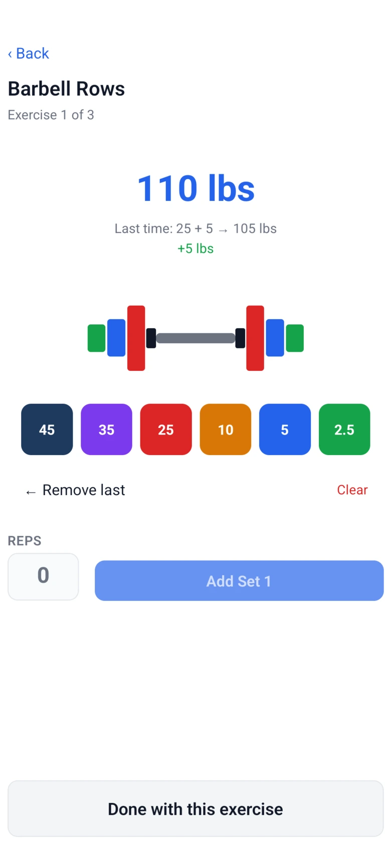 Plate logging on white, showing 110 lbs in blue, a loaded barbell, and six colored plate chips from 45 down to 2.5