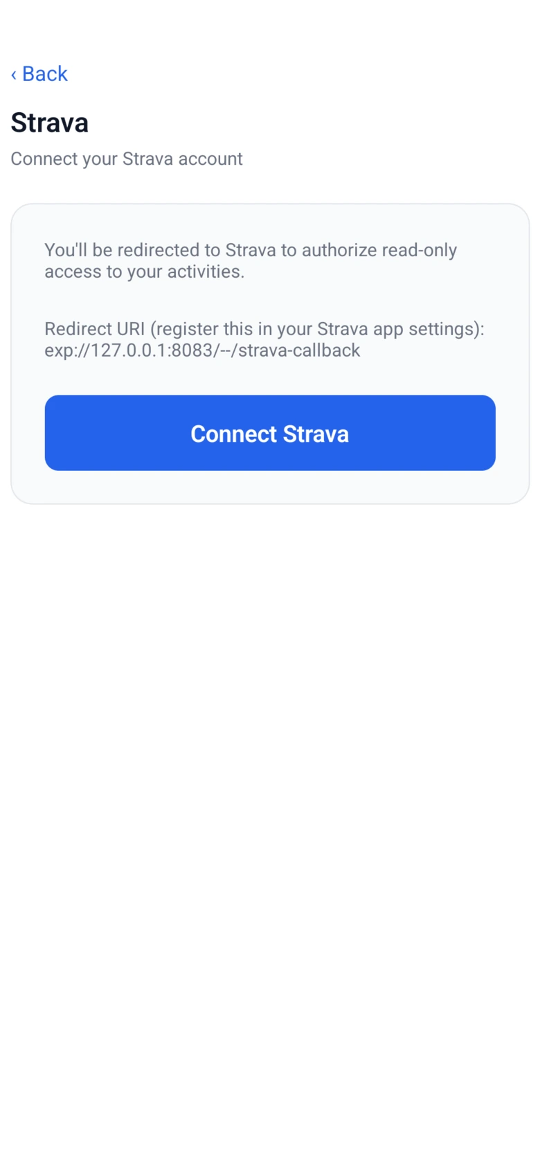 A Strava settings screen explaining the redirect and offering a blue Connect Strava button