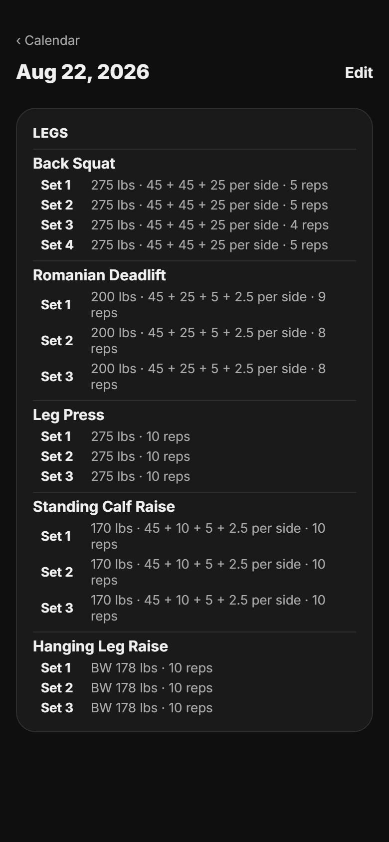 Detail for a past Legs session listing every set with its plate breakdown and reps