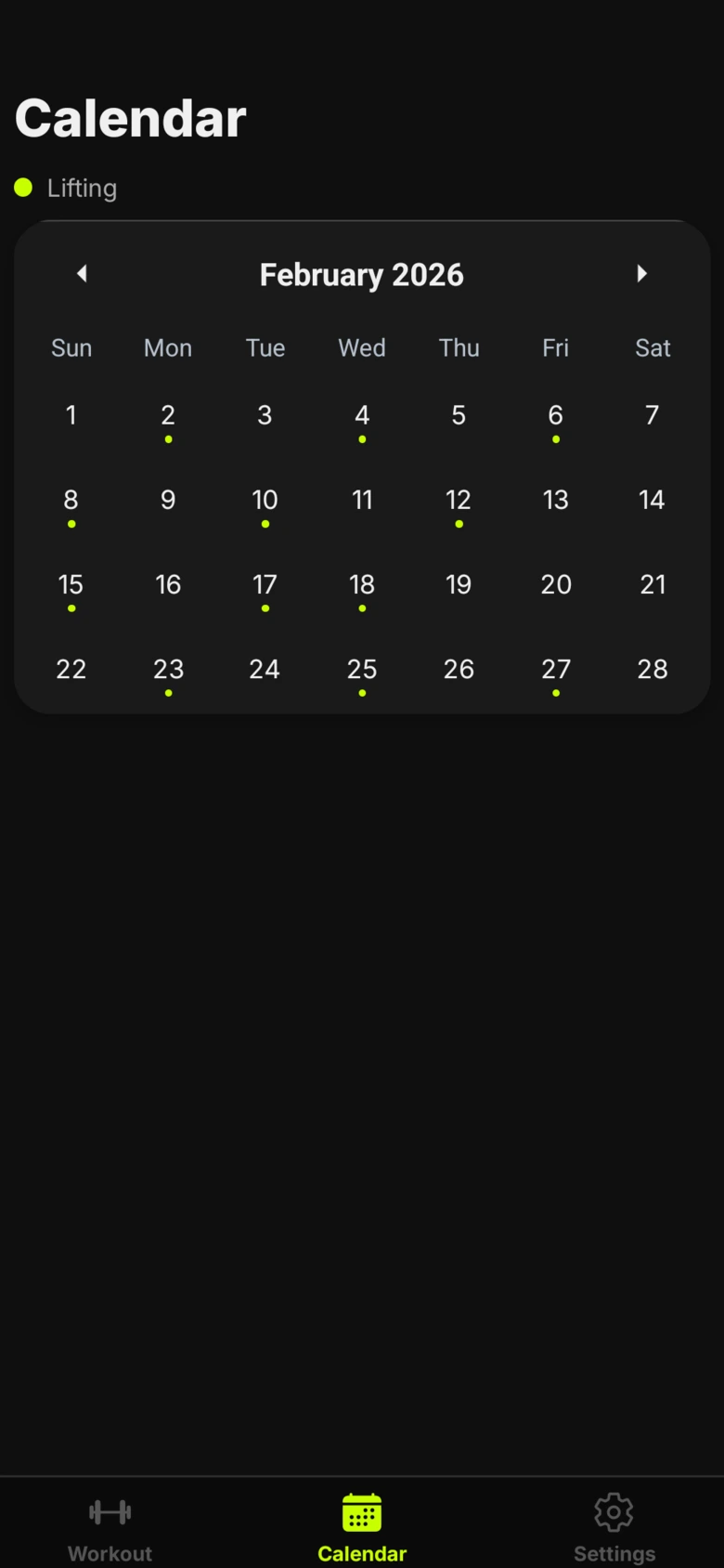Calendar showing February 2026 with green dots under the days that have a logged workout