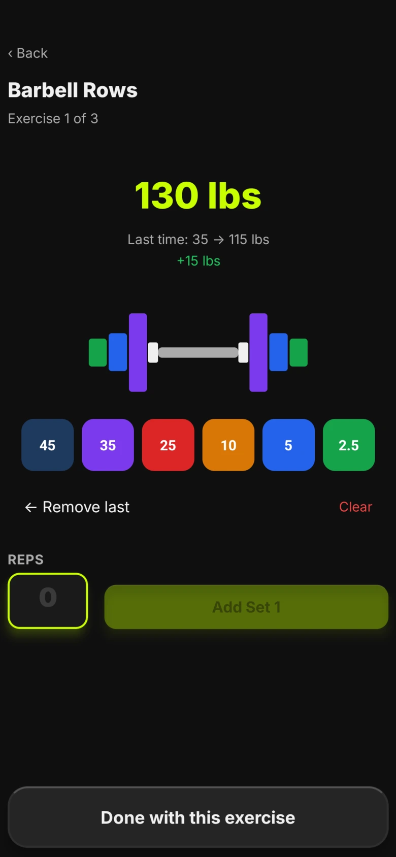 Plate logging screen showing 130 lbs, a loaded barbell illustration, and six colored plate buttons from 45 down to 2.5