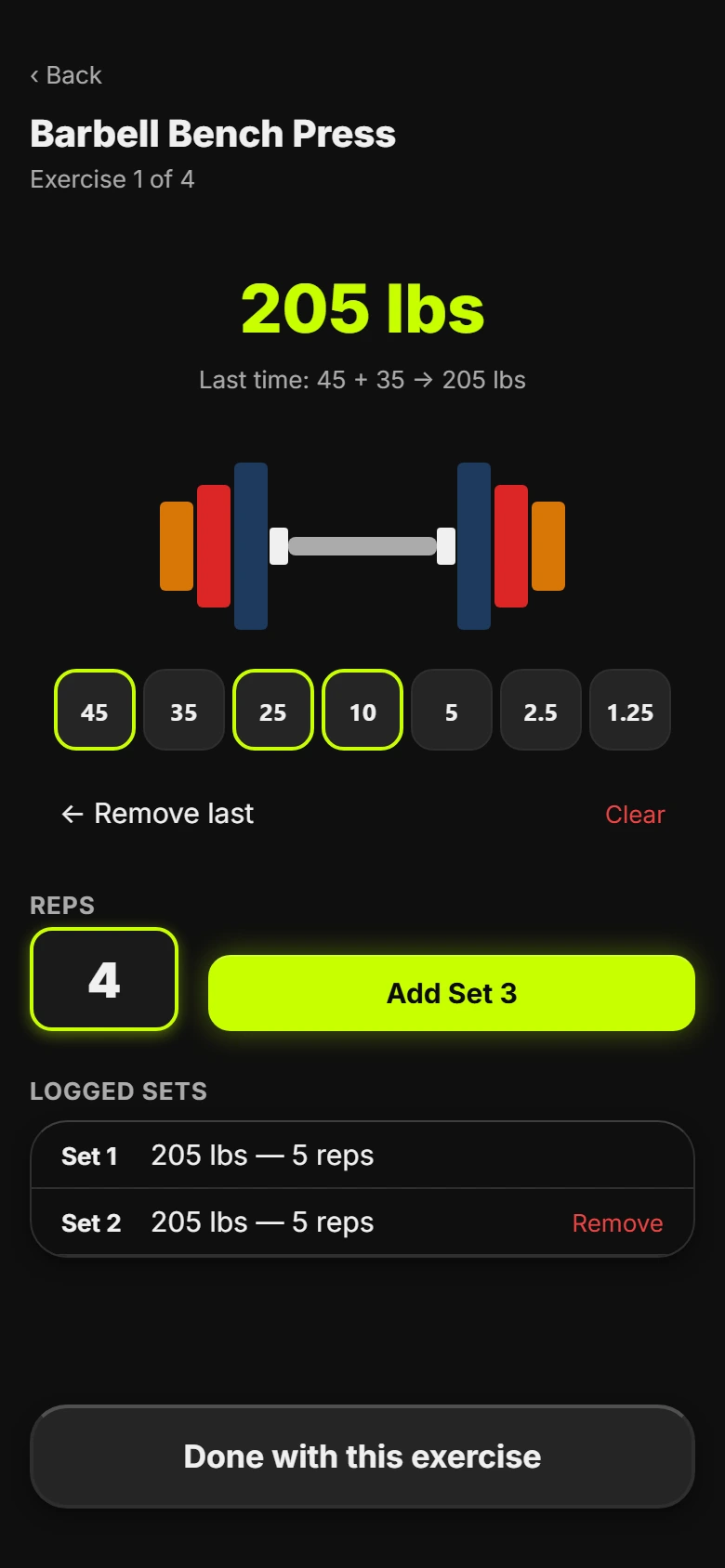 Logging screen for Barbell Bench Press showing 205 lbs, a loaded barbell illustration, and plate buttons for 45, 25 and 10
