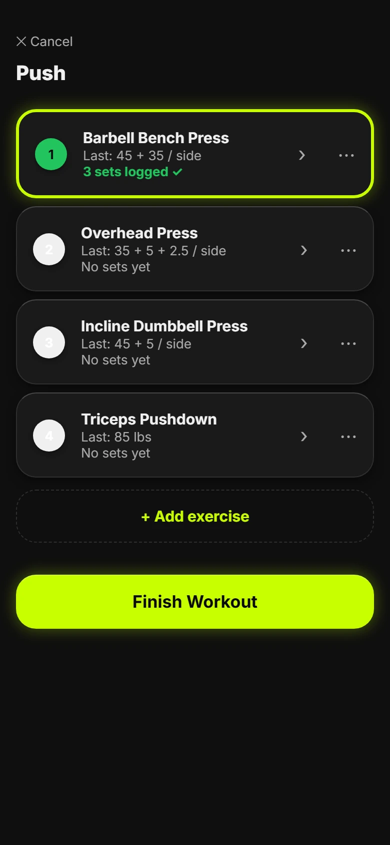 An active Push session with Barbell Bench Press marked as three sets logged and three exercises still pending