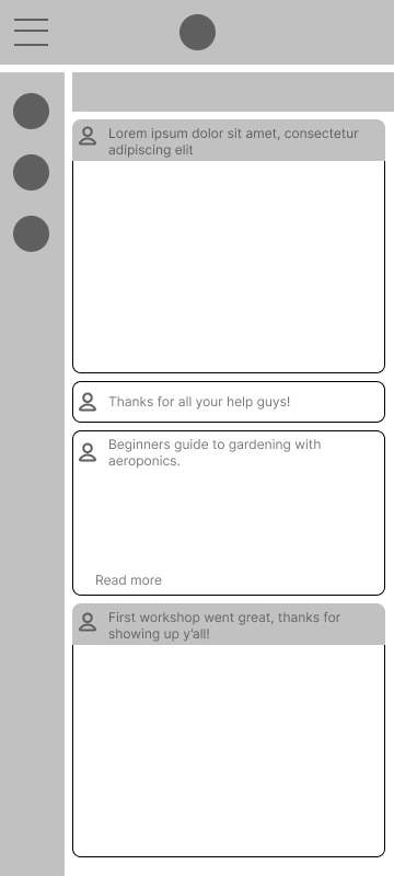 Lo-fi wireframe: home screen showing community feed posts and navigation structure