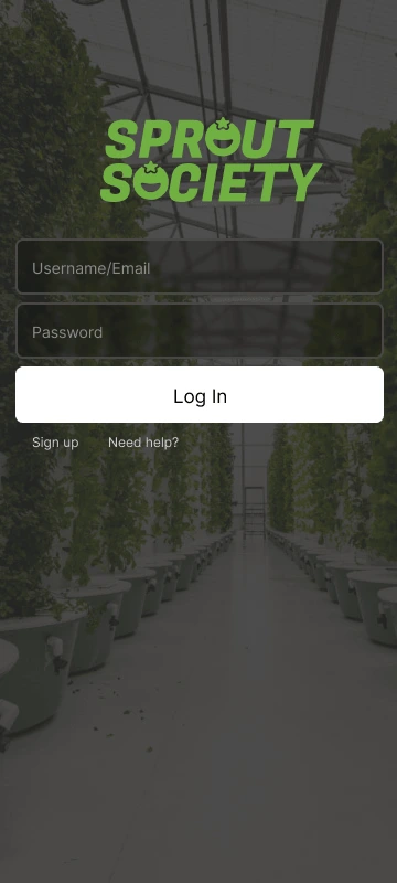 High-fidelity v1 screen: Sprout Society sign-in screen with logo over an aeroponic greenhouse background