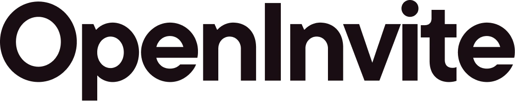 OpenInvite primary logo: white wordmark on dark rounded background with blue dot accent