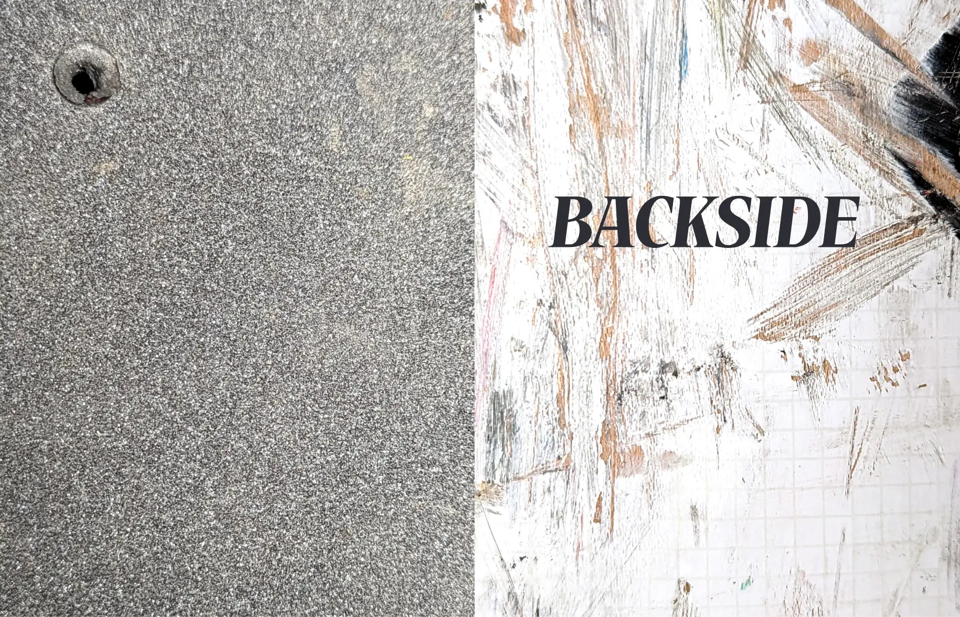 The full BACKSIDE cover laid flat as a single wrap — grey griptape filling the back panel on the left, a scratched white skatepark wall on the right with BACKSIDE set across it in bold serif italic