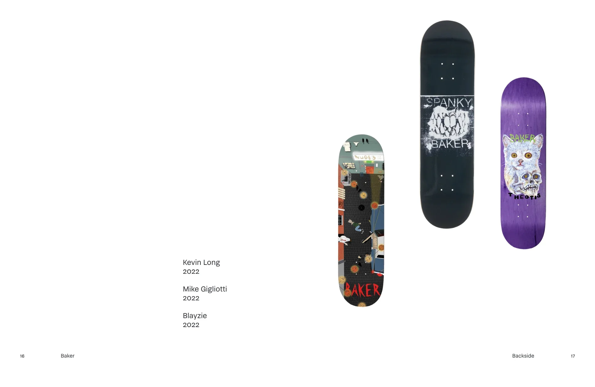 A Baker deck spread — three decks floating upright on white, one illustrated with a night street scene, one black with a torn Spanky graphic, one purple with a cat-and-skull painting, against a list of rider names and 2022 dates set low on the verso