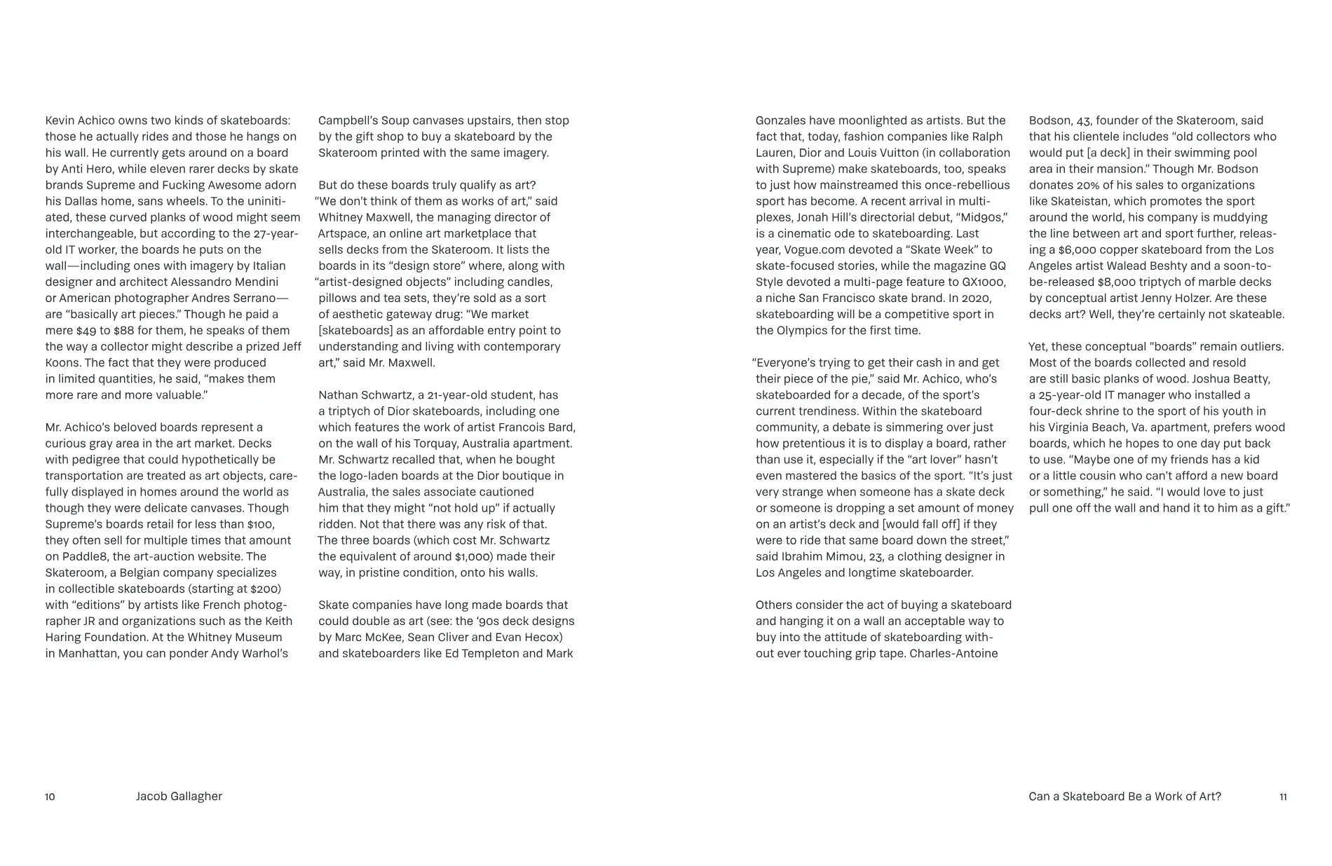 Pages 10 and 11 of the opening essay — four narrow columns of sans-serif text running across the spread, with the folio and byline 'Jacob Gallagher' at the foot of the verso and the running head 'Can a Skateboard Be a Work of Art?' at the foot of the recto