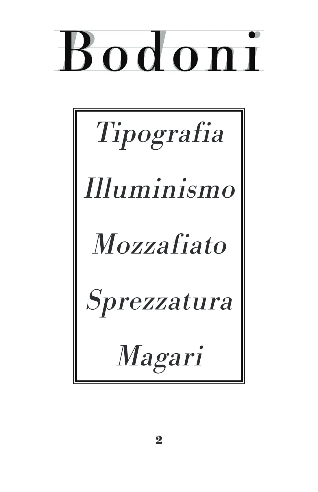 Bodoni specimen poster listing five Italian words in italic inside a ruled box beneath the word Bodoni