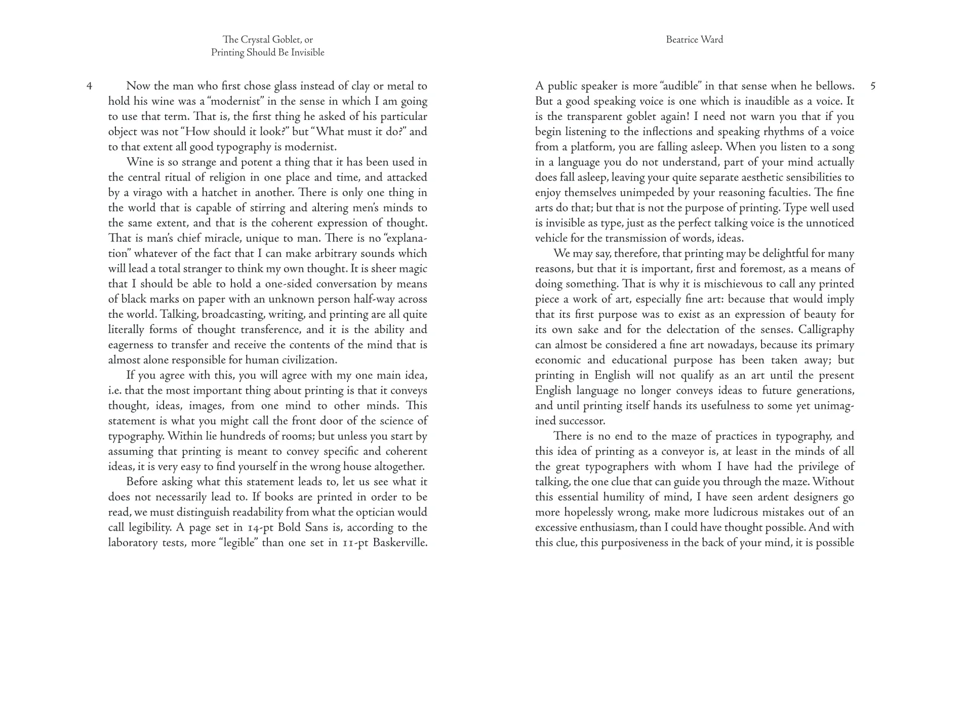 Spread of pages 4 and 5 — two justified columns of Adobe Jenson text under running heads reading The Crystal Goblet, or Printing Should Be Invisible and Beatrice Ward, with folios in the outer margins