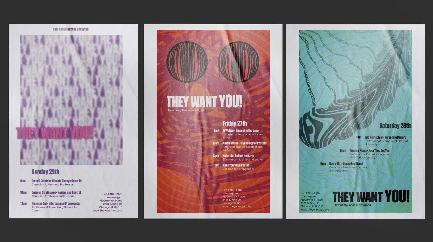 The three conference posters shown pinned to a wall as printed sheets, showing paper texture and slight curling