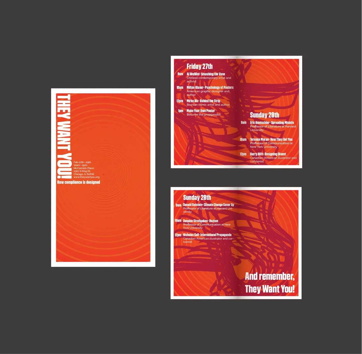 A badge and two orange schedule cards arranged on a dark surface, one card ending with the line And remember, They Want You!