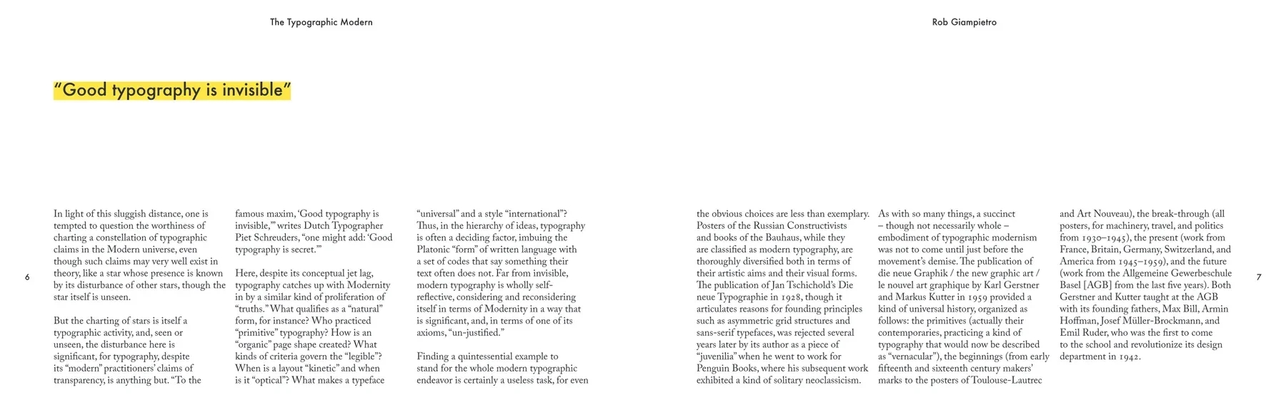 A wide landscape spread in four narrow columns of small serif text with a yellow-highlighted pull-quote running across the top of the page