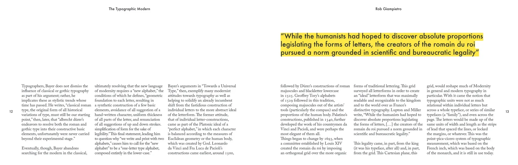 A landscape spread, pages 12 and 13, in six narrow columns of small serif text under running heads, with a three-line pull-quote about the romain du roi knocked out on yellow highlight across the upper right page