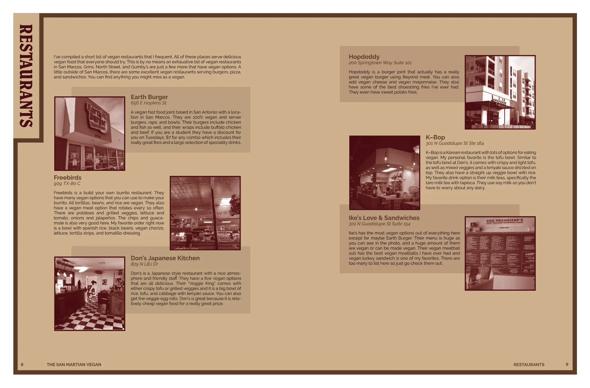 The restaurant roundup spread — a vertical RESTAURANTS tab off the outer edge, then six entries each pairing a duotone storefront or interior photograph with a name, street address in italic, and a short review, the text blocks sitting on pale panels that overlap the photographs