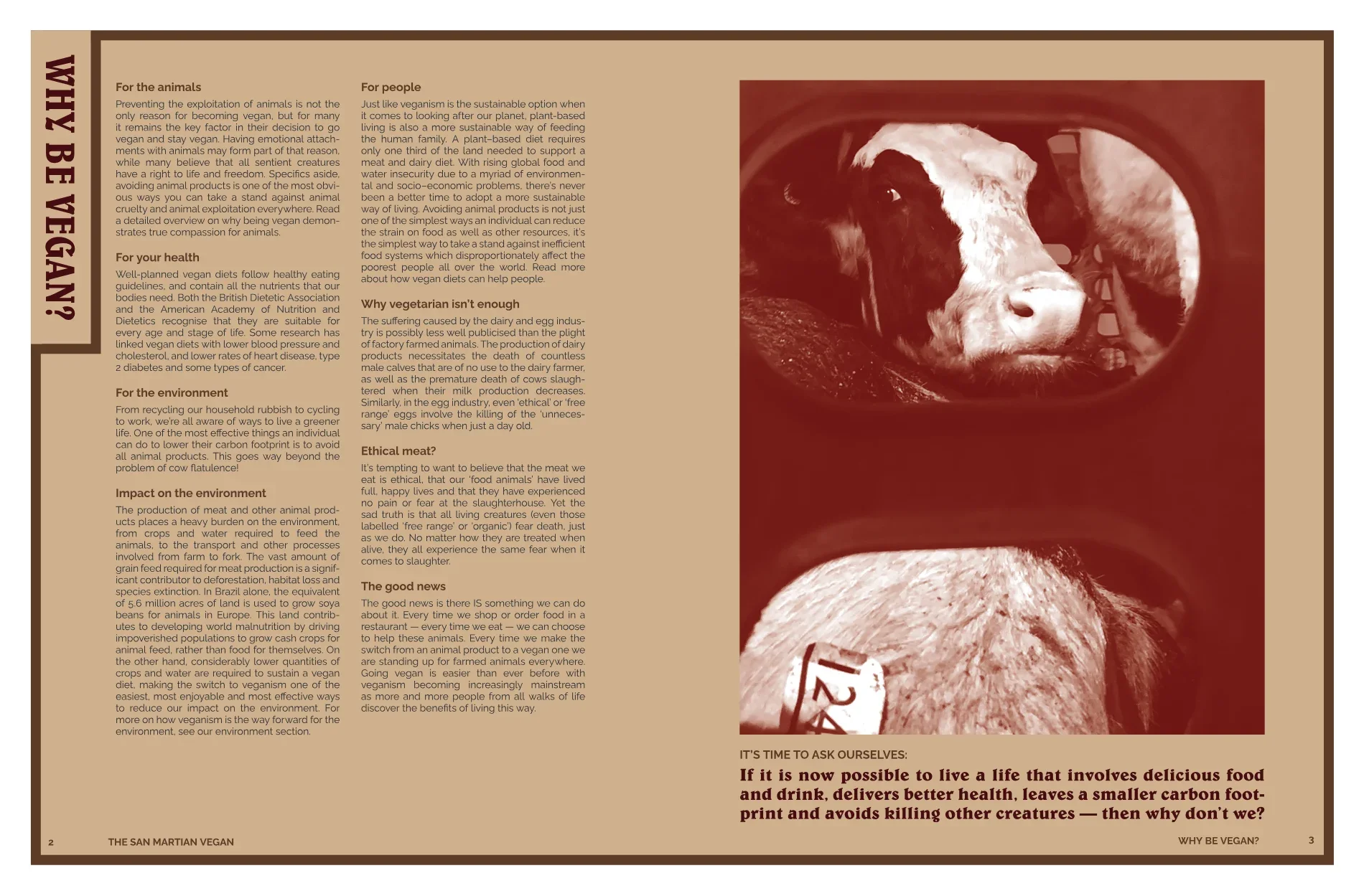 The opening argument spread — 'WHY BE VEGAN?' set vertically in a stepped tab off the outer edge of the verso, two columns of short subheaded sections filling the rest of it, facing a tall duotone photograph of a cow in a transport crate with a numbered ear tag, under a pull-quote in a heavy display serif