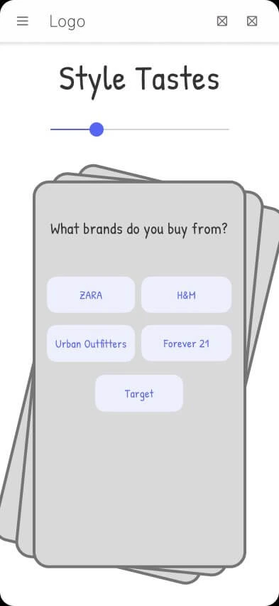 Lo-fi wireframe of the onboarding style quiz screen