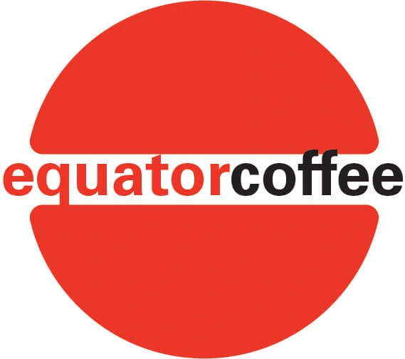 Early logo rough — filled red circle split by a horizontal band with equatorcoffee in mixed red and black type