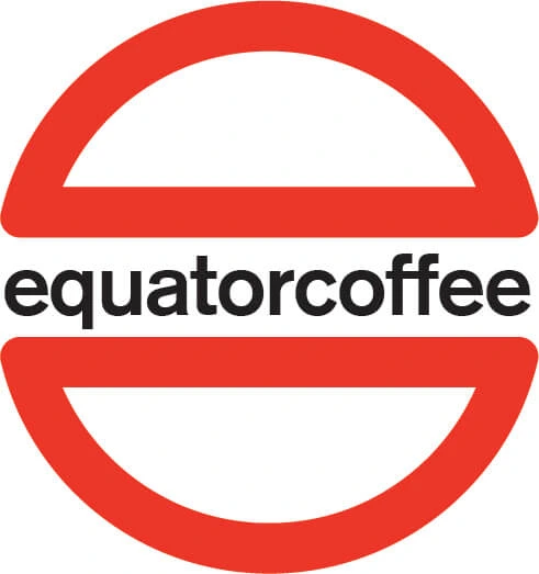 Early logo rough — outlined circle halves with equatorcoffee in black type across the center