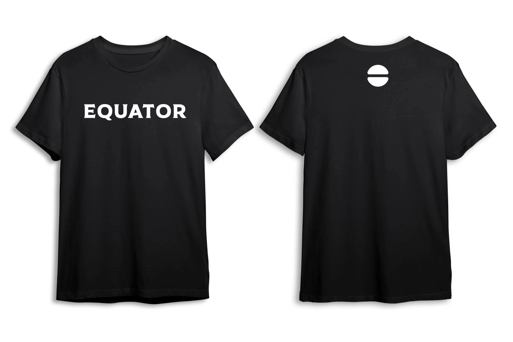 Equator Coffees black t-shirt — front with EQUATOR wordmark in white, back with the icon-only mark in white