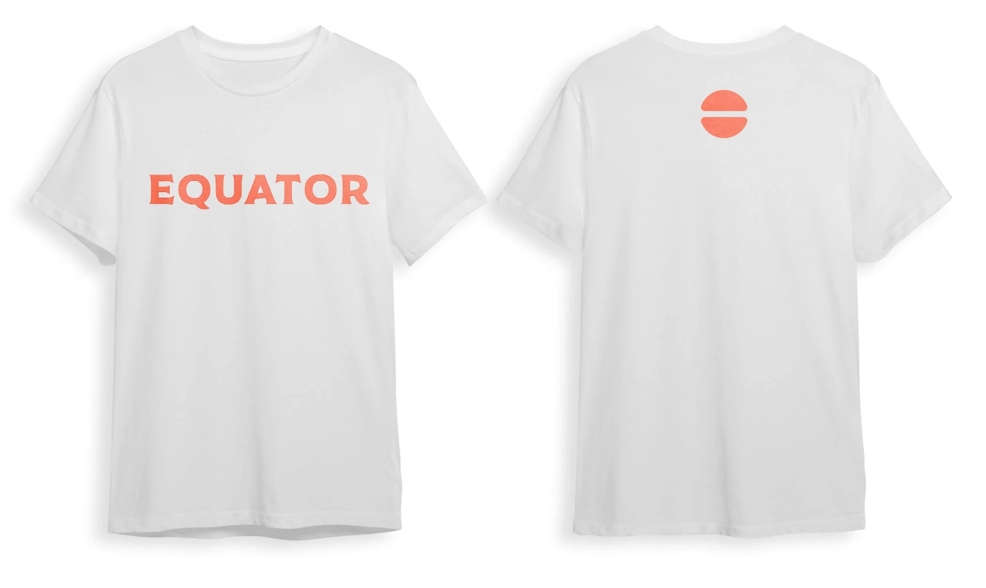 Equator Coffees white t-shirt — front with EQUATOR wordmark in red, back with the icon-only mark