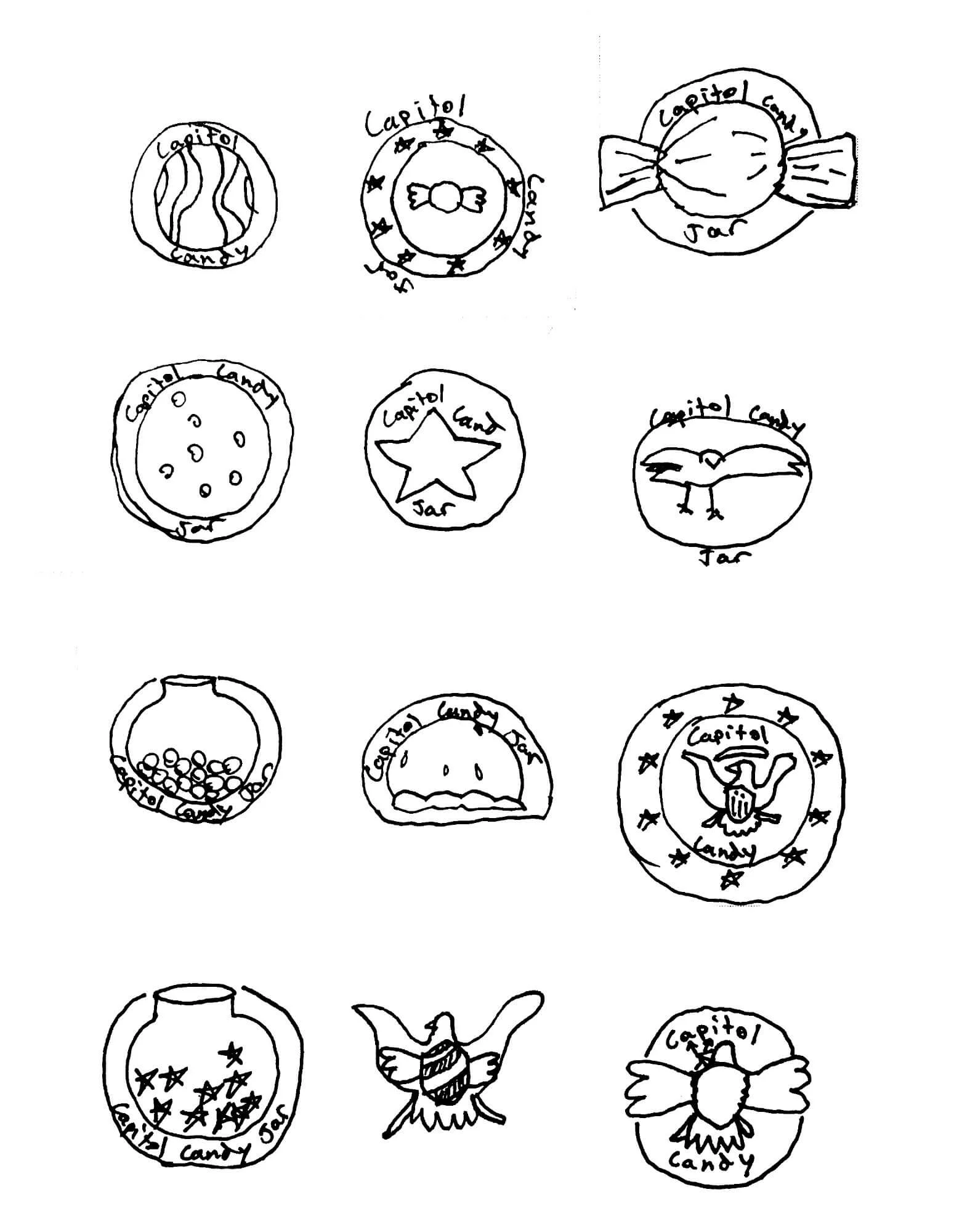A sheet of 12 hand-drawn logo thumbnail sketches exploring different directions: candy jars, wrapped candies, stars, and in the bottom row, early explorations of an eagle-candy hybrid concept