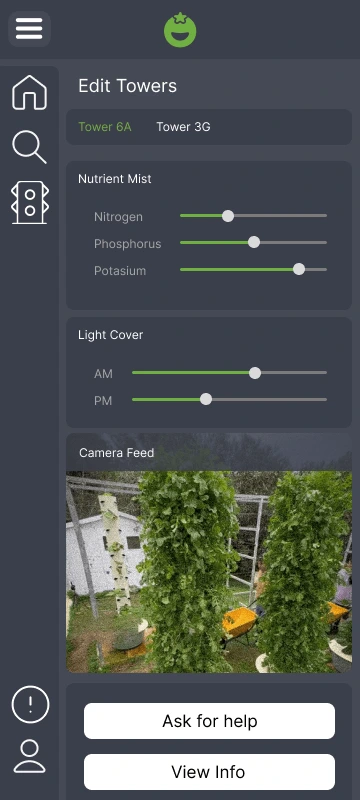 High-fidelity v1 screen: tower control panel with nutrient mist sliders for nitrogen, phosphorus, and potassium, plus a live camera feed