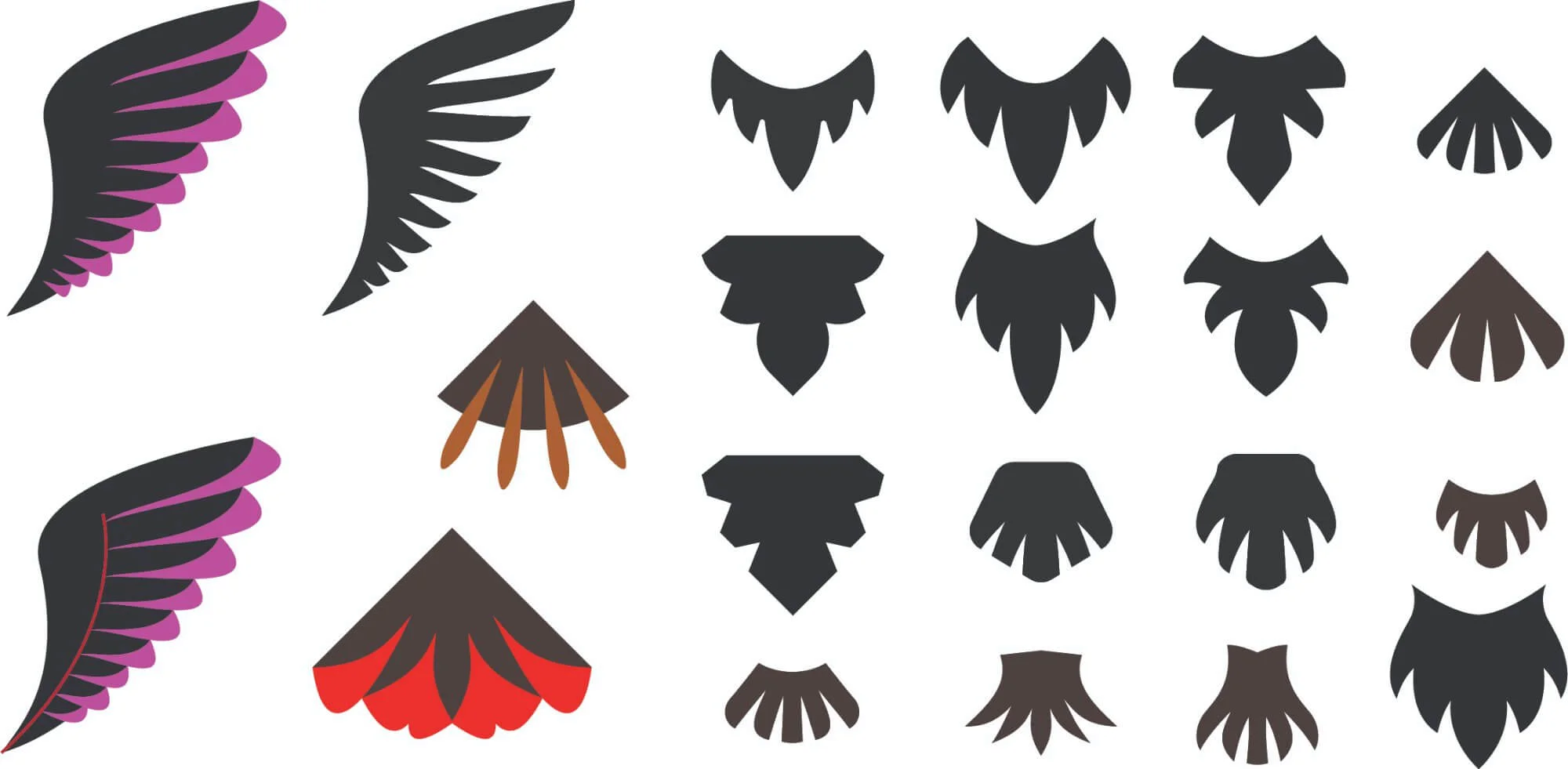 An exploration sheet showing different wing and tail feather shape options: from detailed segmented feathers in pink and teal on the left, to progressively simpler angular forms, to small rounded tail feather options in brown, red, white, and black on the right