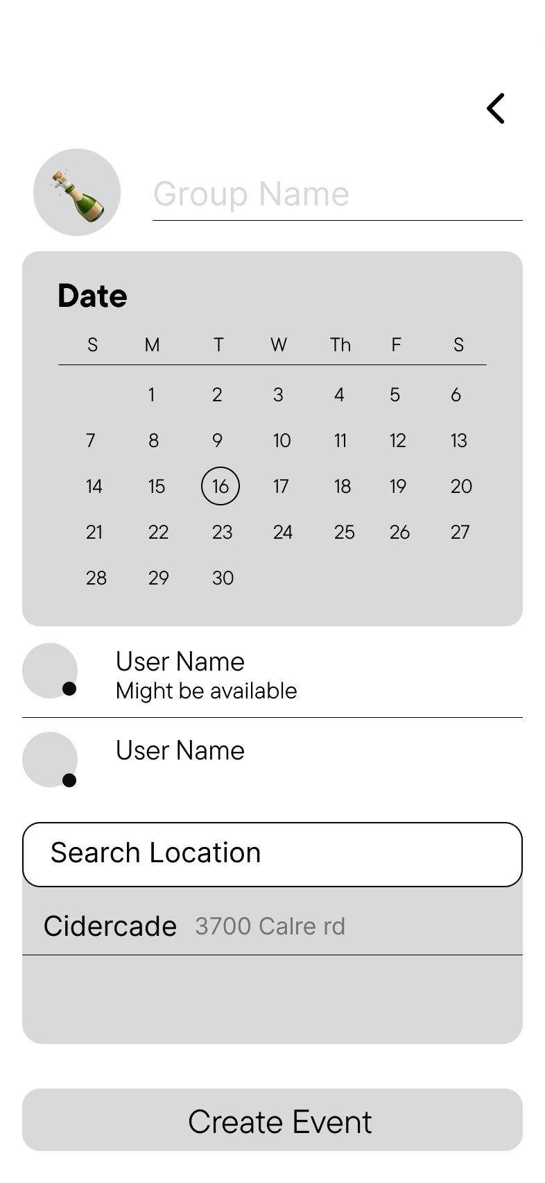 Lo-fi wireframe of the event creation screen showing a date picker, friend availability, and location search