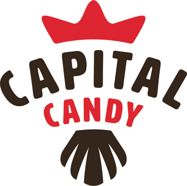 The alternate compact Capital Candy mark: a simplified version showing just the strawberry crown and tail feathers beneath the arched wordmark, designed for small applications like caps or pins