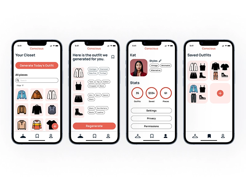 Four screens of the Conscious Closet app showing the digital closet, outfit generation, profile, and saved outfits views