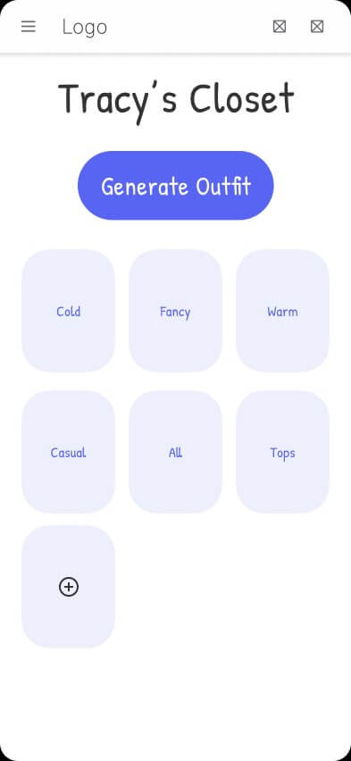 Lo-fi wireframe of the digital closet screen