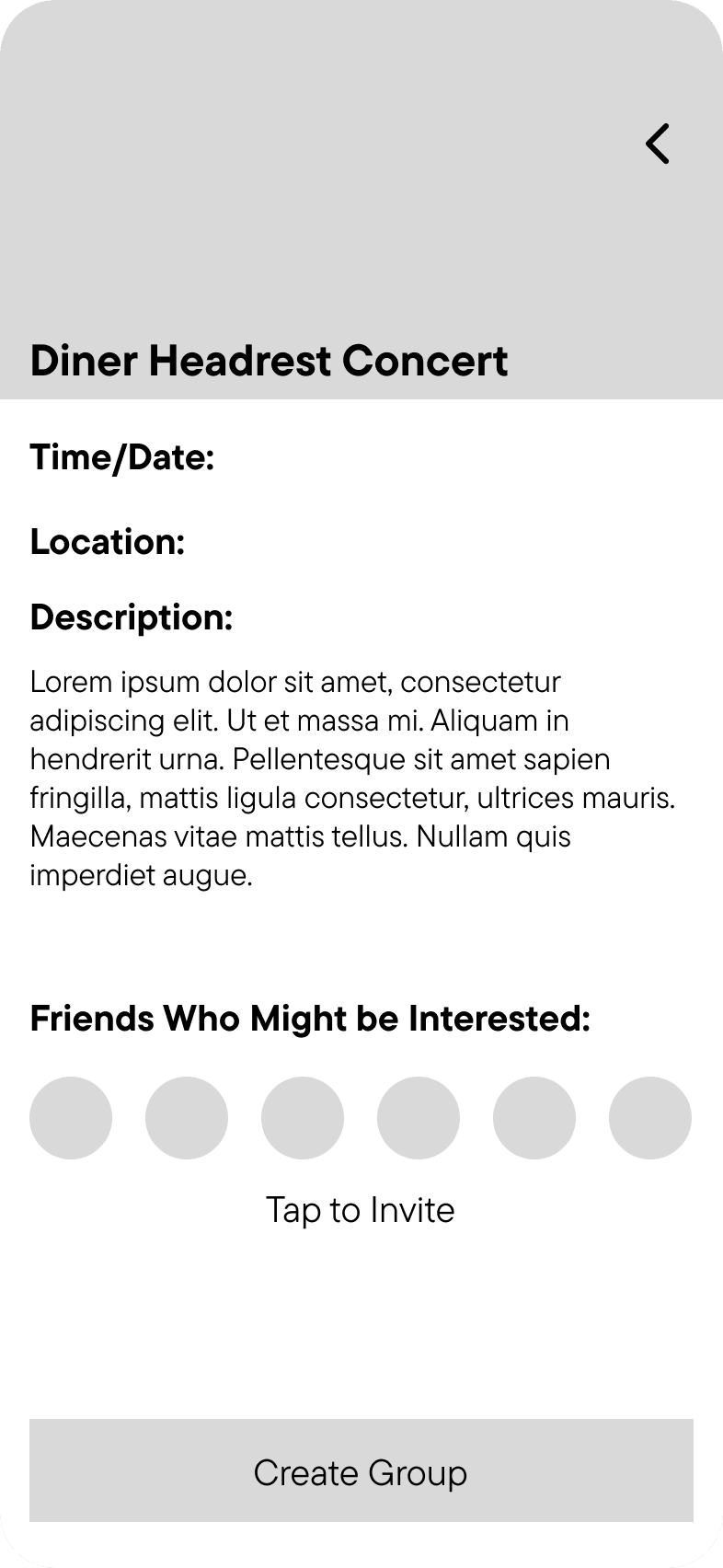 Lo-fi wireframe of the event detail screen showing event info and friends who might be interested