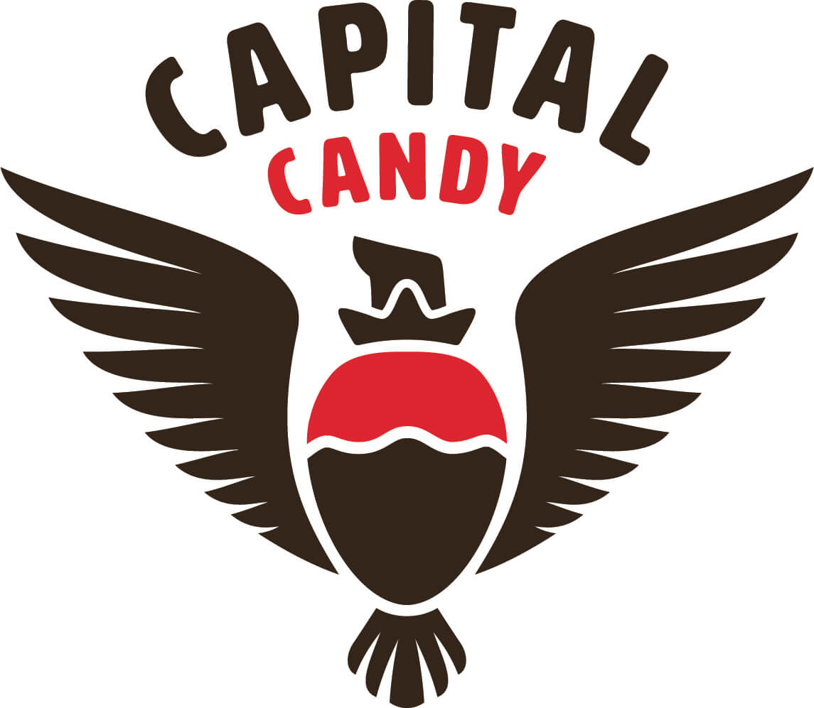 Capital Candy final logo mark: a chocolate-dipped strawberry with bald eagle wings and head, rendered in dark brown and red, with the words Capital Candy arched above